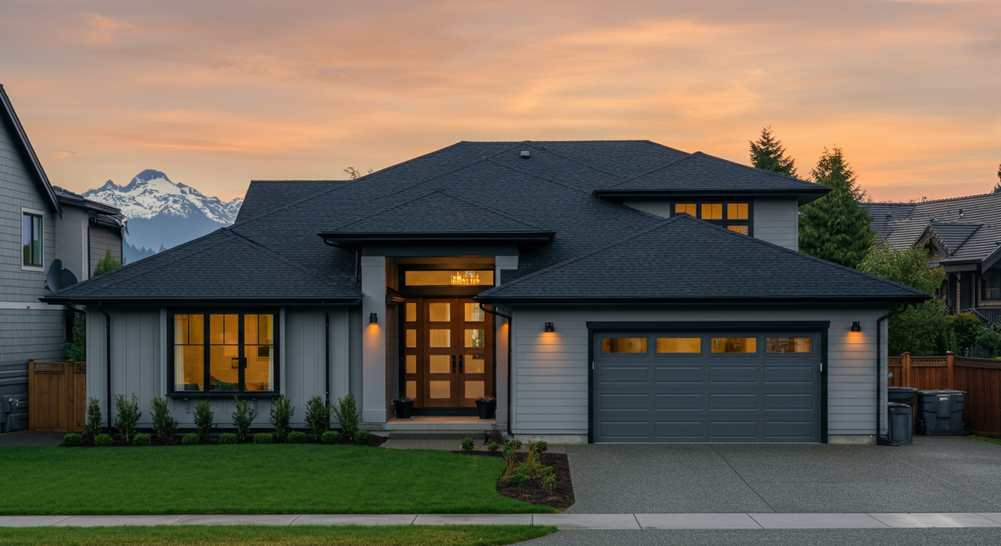 Modern home at sunset with new siding and roof in Wenatchee